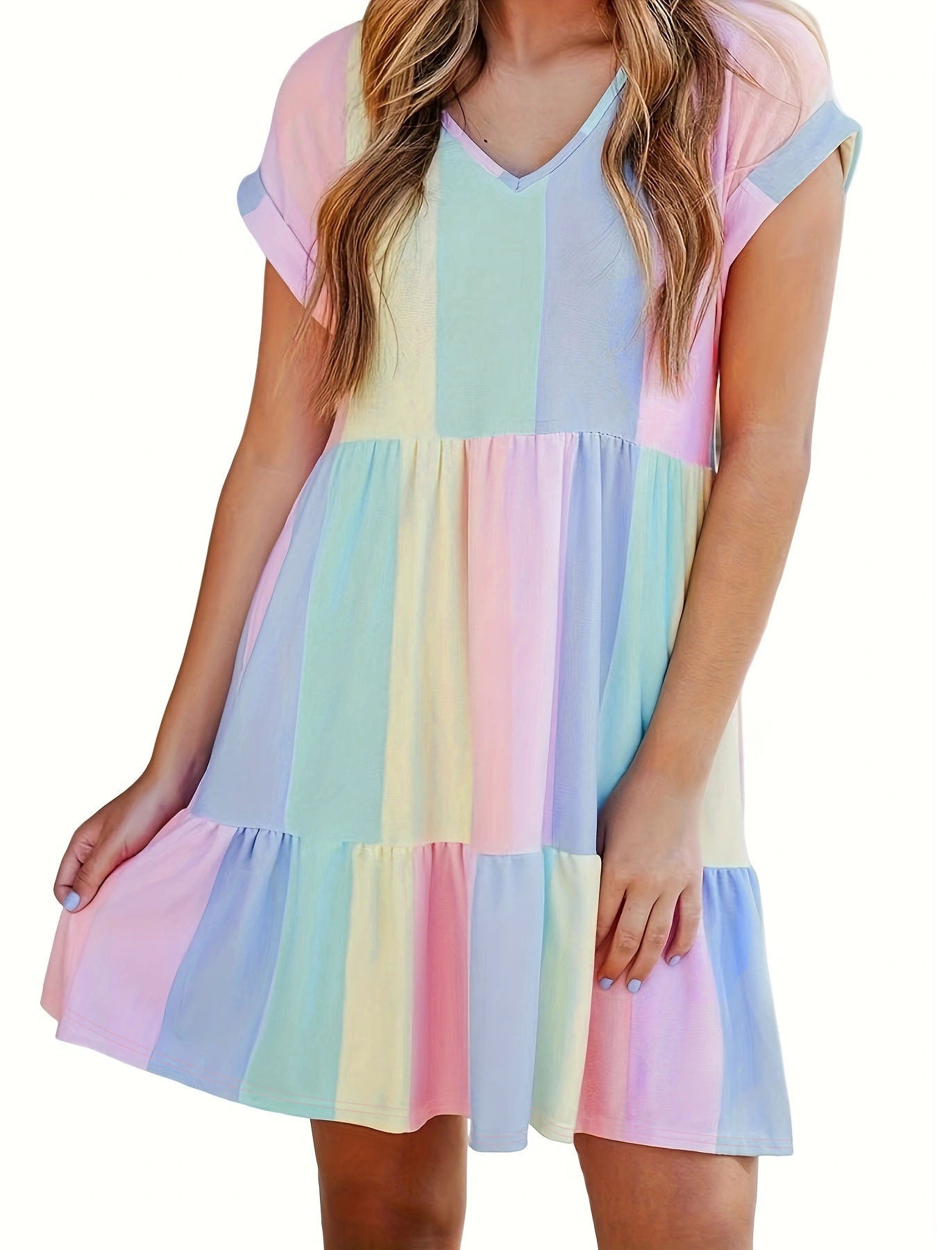 Damen lässiges Sommerkleid im modernen Streifendesign mit V-Ausschnitt und Volant R&B