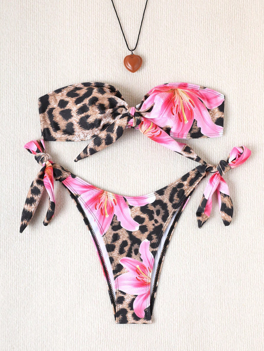 Damen Bikini-Set mit floralem Leopardenmuster und verstellbaren Trägern R&B