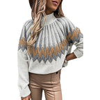 Damen Modischer Grobstrickpullover mit grafikintensivem Design und hohen Kragen R&B