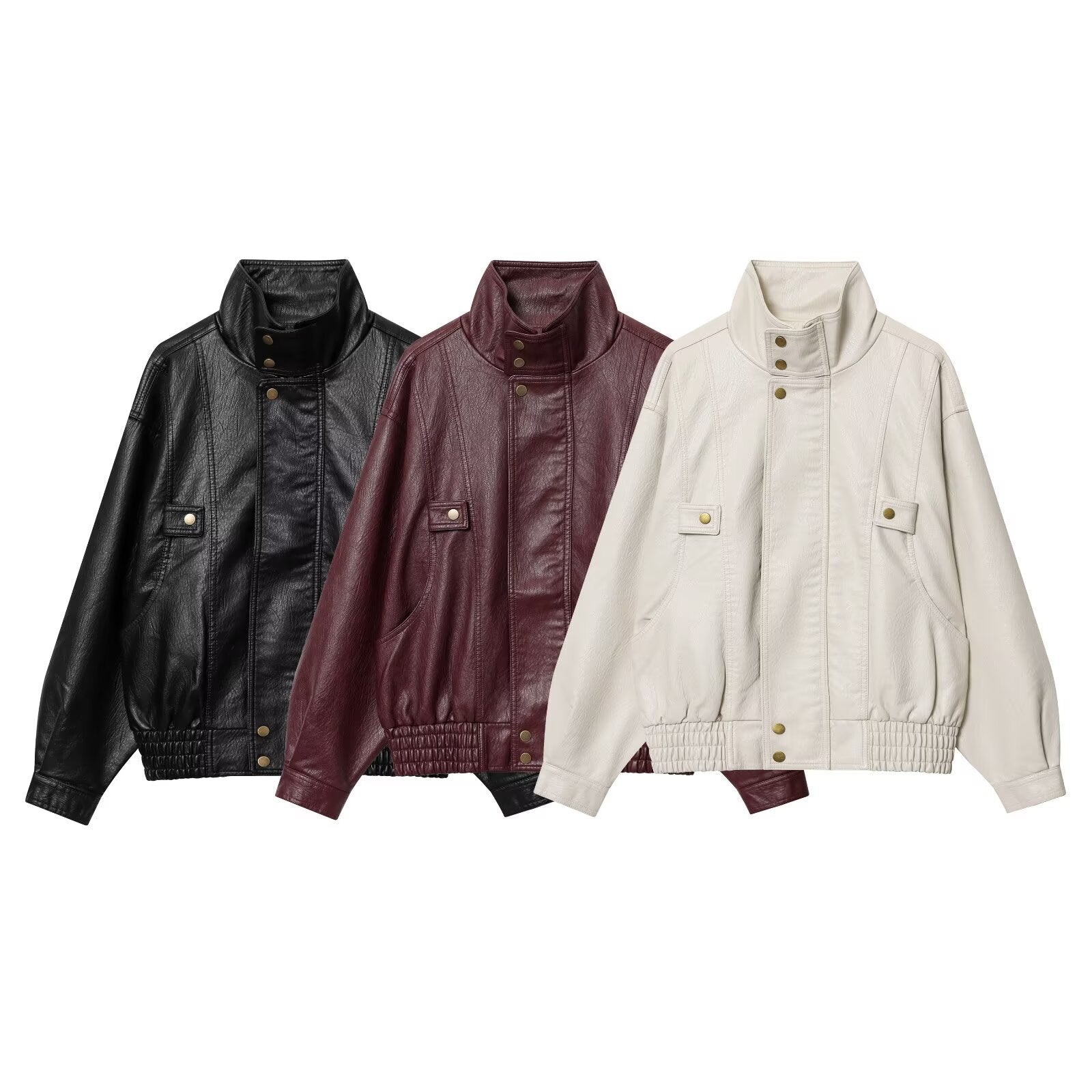 Damen lässige Kunstlederjacke mit hohem Kragen und Weitenregulierung R&B