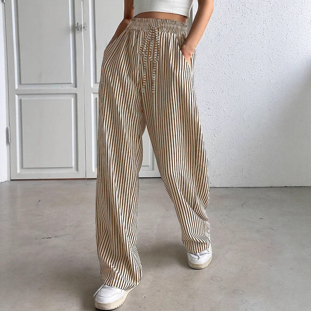 Damen weite Streifenhose mit Gummizug und Seitentaschen