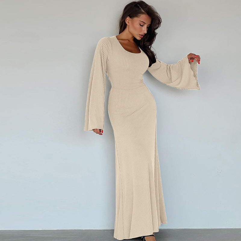 Damen Elegantes Maxikleid mit extra weitem Ärmel und trendiger Rippstruktur R&B