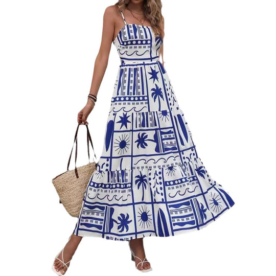 Damen Maxikleid mit angesagtem Grafikdruck und verstellbaren Spaghettiträgern R&B
