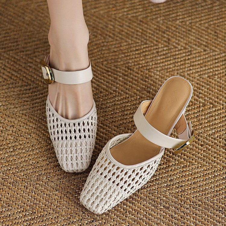 Damen elegante Mules mit modischem Geflecht und komfortablem Blockabsatz R&B