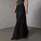 Damen Eleganter Spitzenmaxirock mit fließendem Fall und transparenten Details EB
