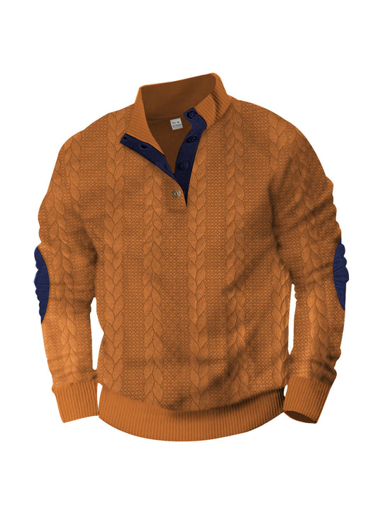 Herren nan lässiger Zopfstrickpullover mit verstärkter Knopfleiste und Wildleder-Ellenbogenpatches R&B
