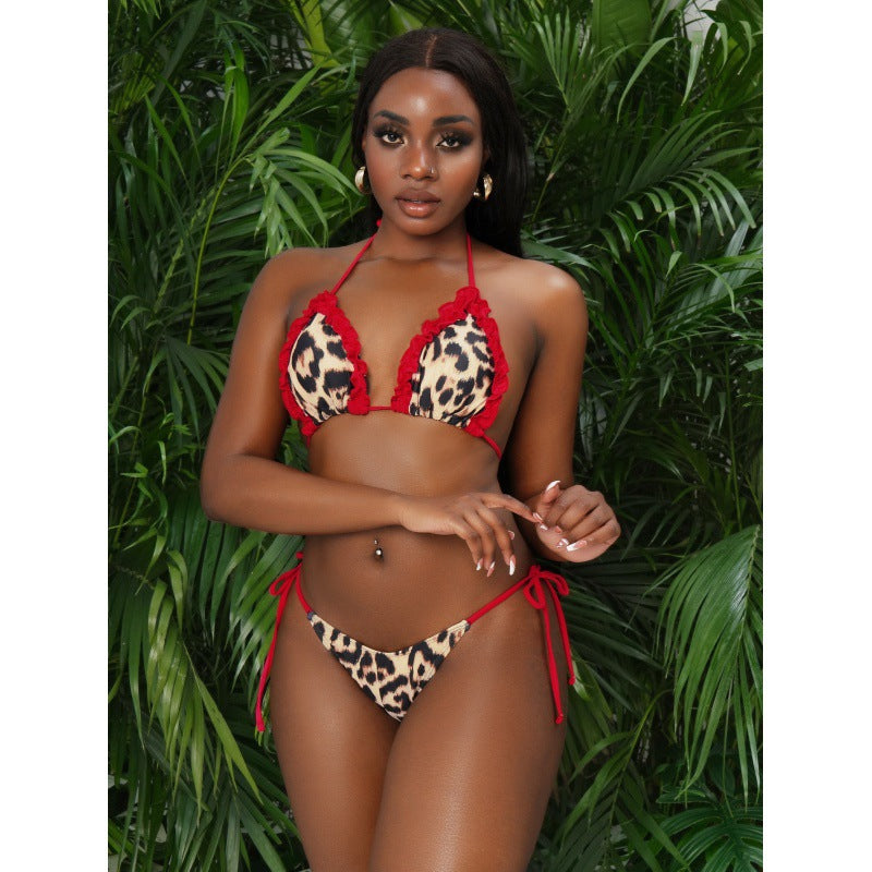Damen Triangel-Bikini mit modischen Rüschendetails und aufregendem Tiermuster R&B
