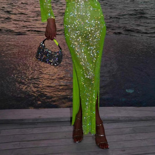 Damen Funkelndes Cocktailkleid im Mesh-Stil mit langen Ärmeln R&B