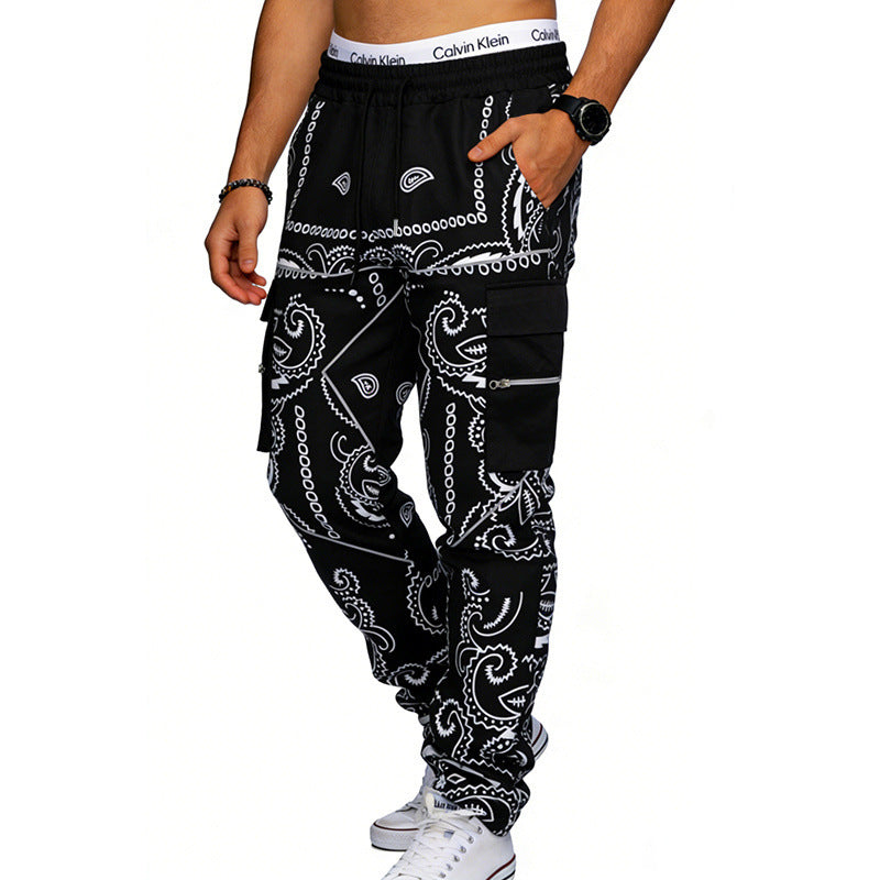 Herren nan Cargo-Jogginghose mit Paisley-Muster, elastischem Bund, multiple Reißverschluss- und Klappentaschen R&B