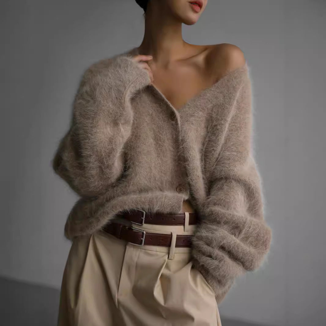 Damen weicher Strickcardigan mit luxuriösem Mohair-Anteil und lässigem Schnitt R&B