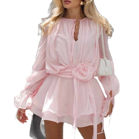 Damen Minikleid mit voluminösen Ärmeln und charmantem Taillengürtel R&B