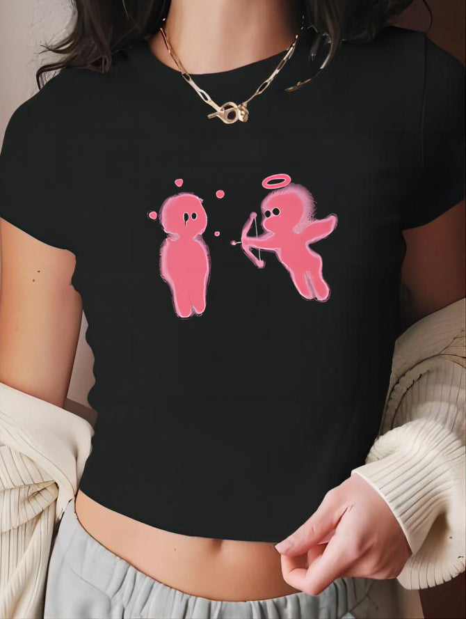 Damen figurbetontes Kurzarm-T-Shirt mit verspieltem Aufdruck R&B