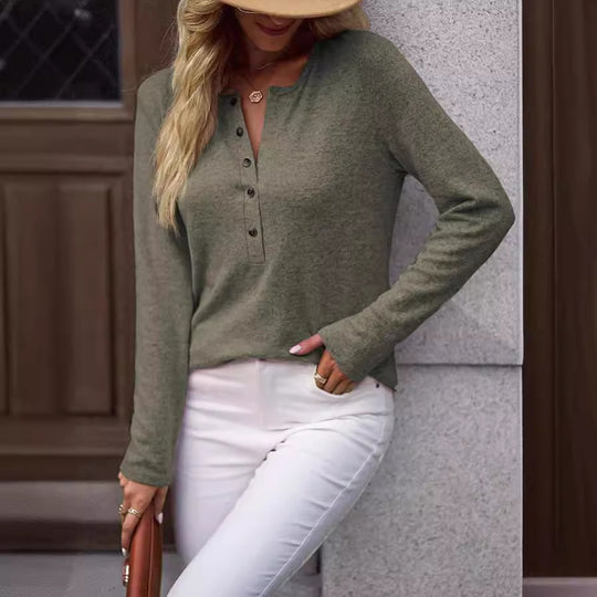 Damen Bequemes Langarmshirt mit Knopfdetail R&B