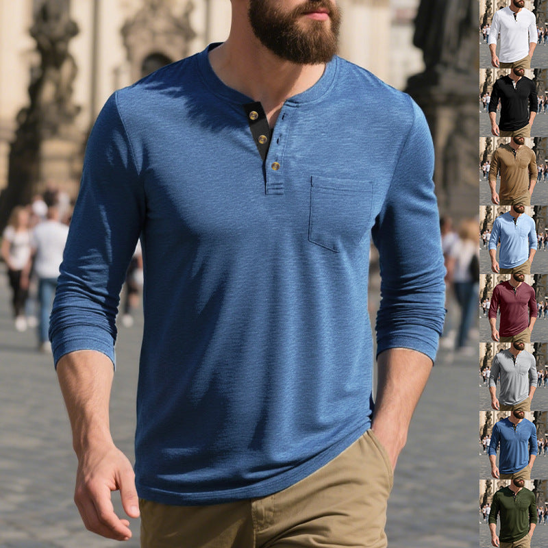 Herren Langarm-Henley-Shirt aus weichem Baumwollmix mit praktischer Brusttasche R&B