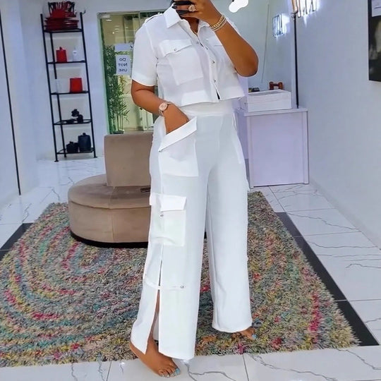 Damen nan zweiteiliges Hemd- und Cargo-Hosen-Set mit kurzem Oversize-Hemd, hoher Taille, weitem Bein und seitlichen Beinschlitzen R&B