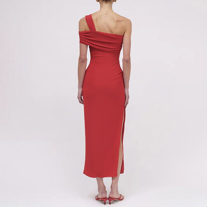 Damen Elegantes Maxi-Kleid mit asymmetrischem Ausschnitt und figurformendem Drapierungsdesign R&B