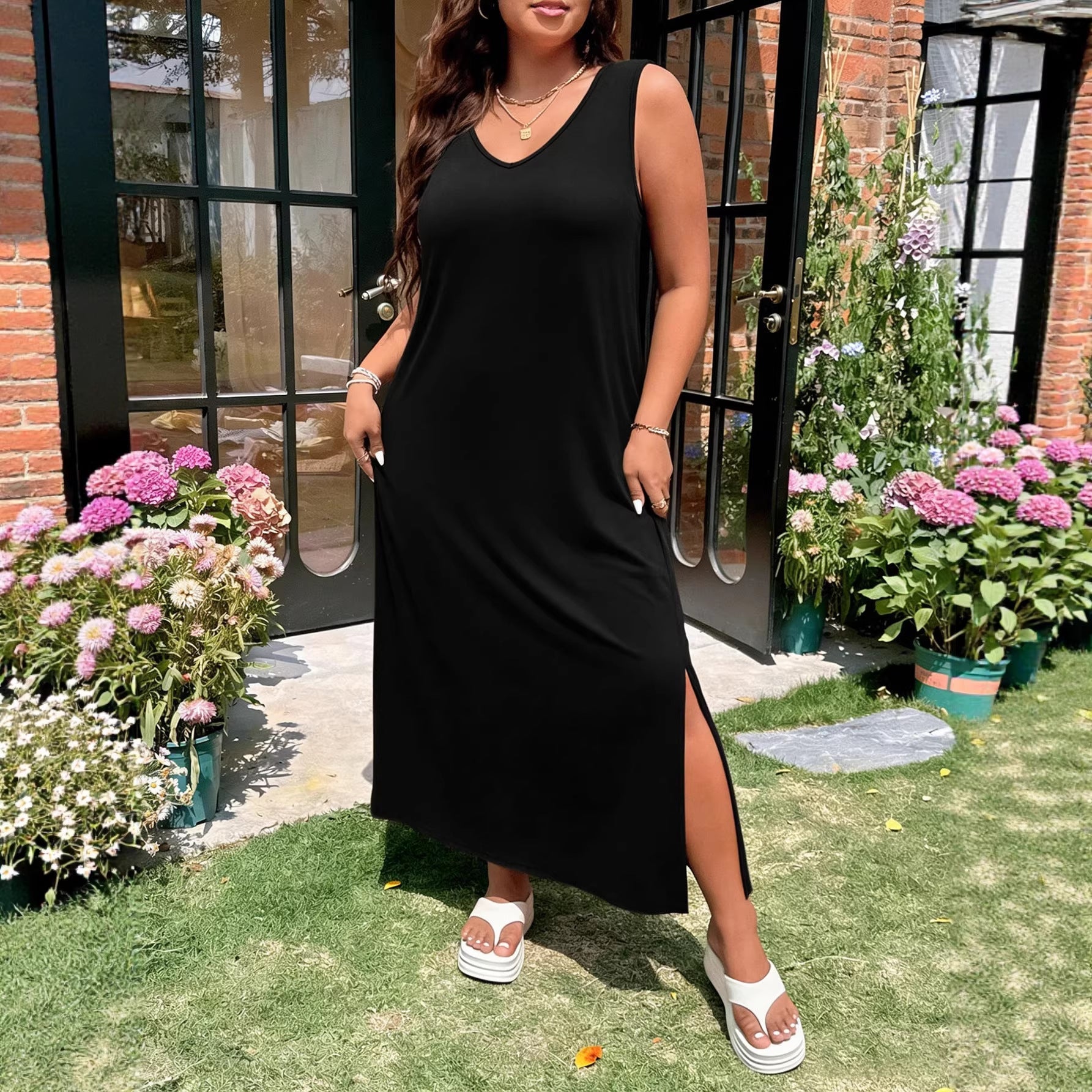 Damen luftiges Maxikleid mit V-Ausschnitt und seitlichem Schlitz R&B