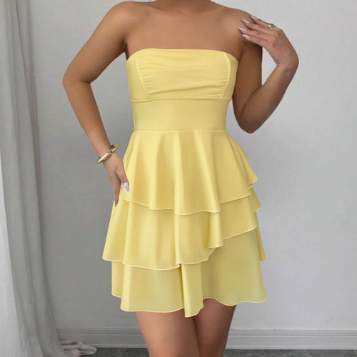 Damen Schulterfreies Rüschenkleid mit schwingendem Saum und elegantem Design R&B