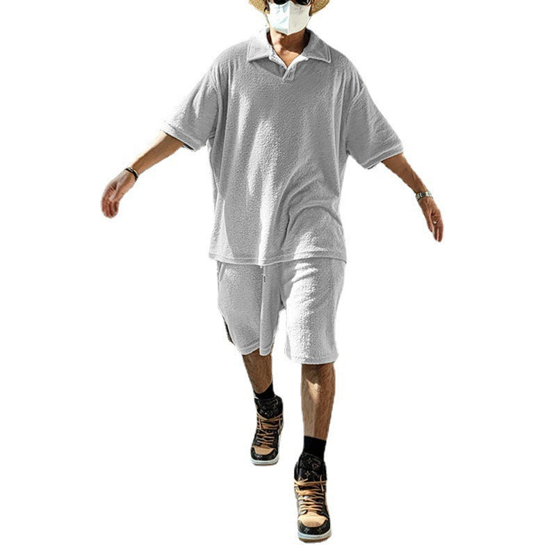 Herren nan urbanes weites Freizeit-Set mit Henley-Kragen, verlängertem weit geschnittenem Shirt und knielangen Jersey-Shorts R&B