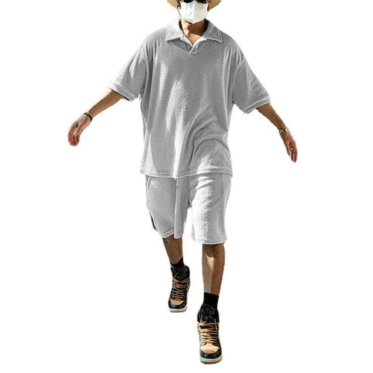 Herren nan urbanes weites Freizeit-Set mit Henley-Kragen, verlängertem weit geschnittenem Shirt und knielangen Jersey-Shorts R&B