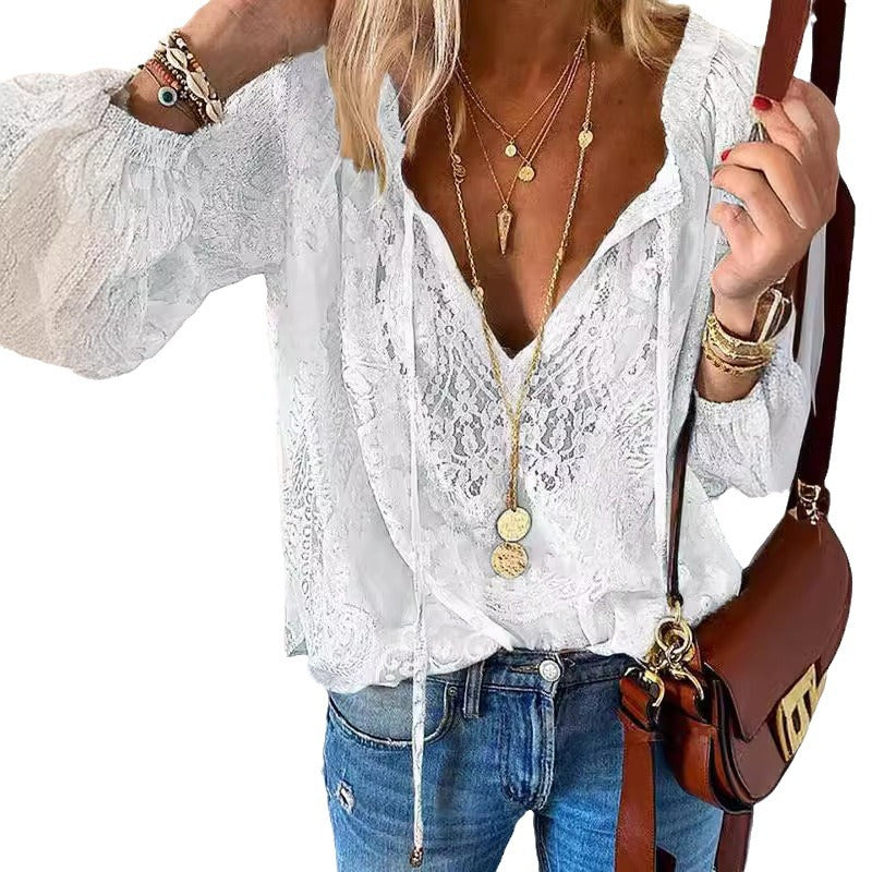 Damen Elegante und feminine Bluse mit V-Ausschnitt und Spitzenakzenten R&B