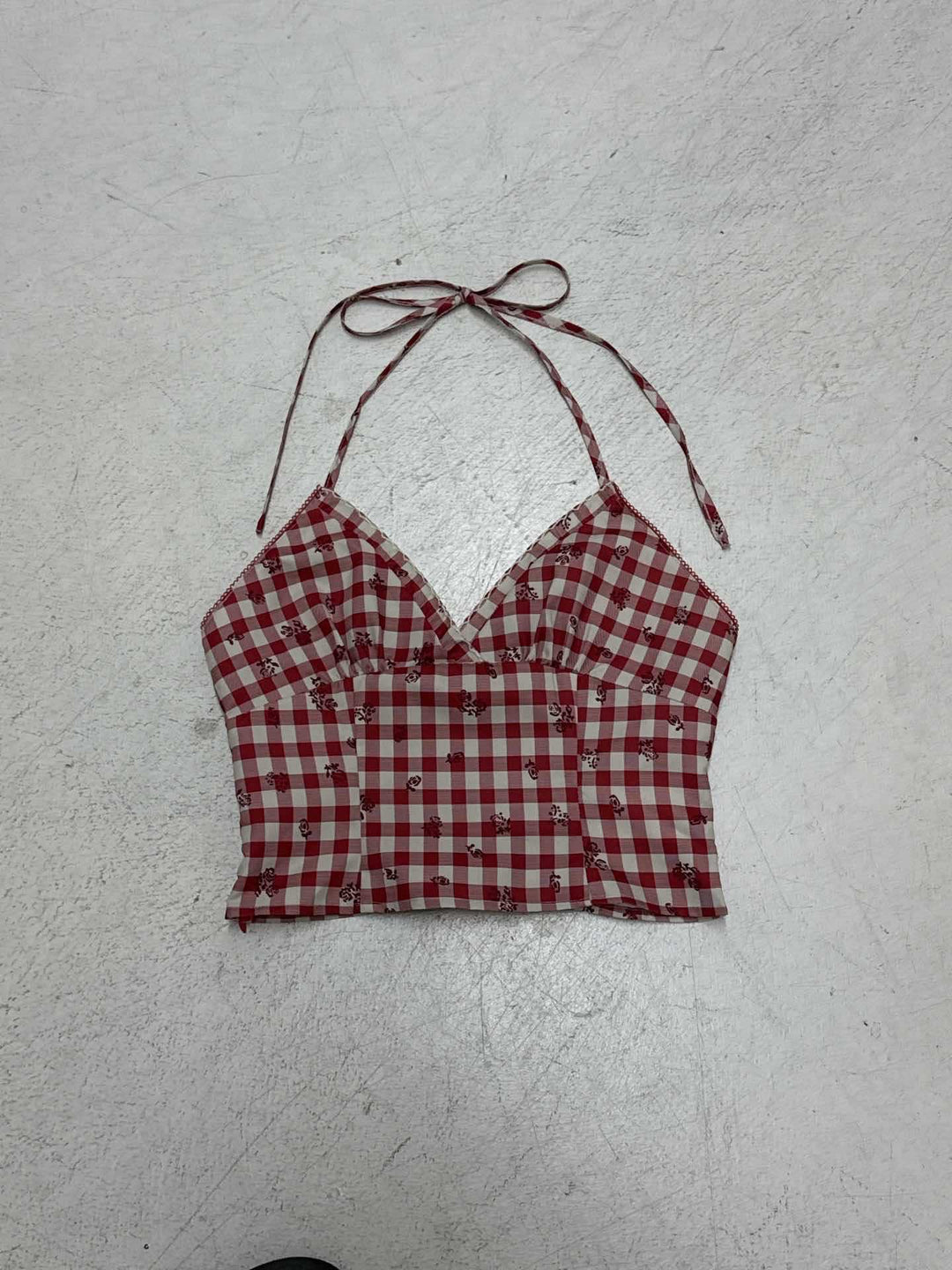 Damen Karo-Bikini-Oberteil im Vintage-Stil mit Spaghettiträgern und zusätzlichem Blumenmuster R&B