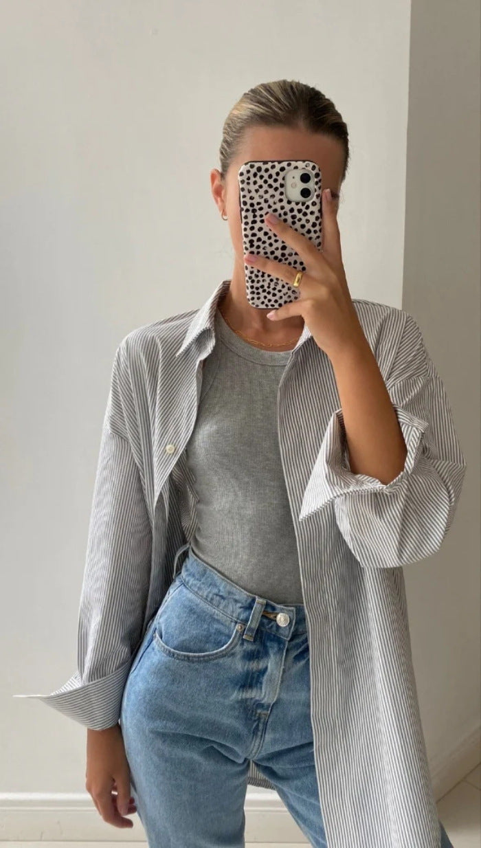 Damen Oversized Hemdbluse mit Streifenmuster und abgerundetem Saum R&B