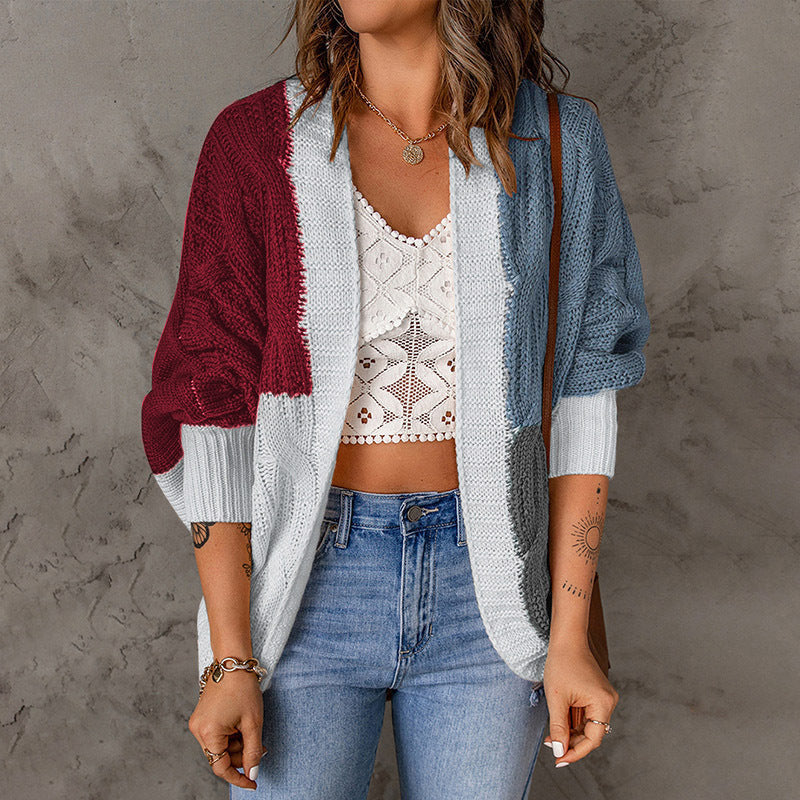 Damen lässige Strickjacke mit buntem Patchwork-Design und weitem Schnitt R&B