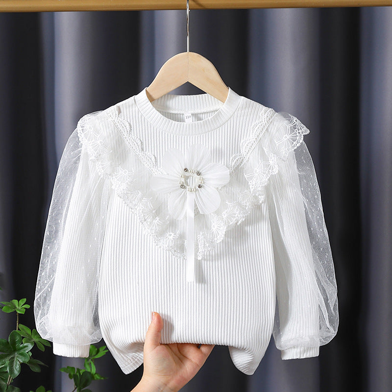 Mädchen Langarmshirt mit elegantem Tüllbesatz und Blumendekor R&B