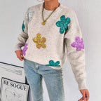 Damen Strickpullover mit glitzernden Blütenapplikationen R&B
