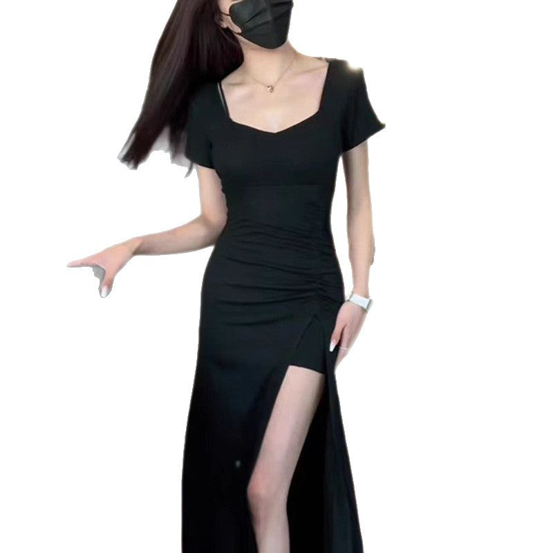 Damen figurbetontes langes Kleid mit schickem Raffungseffekt und hohem Schlitz R&B