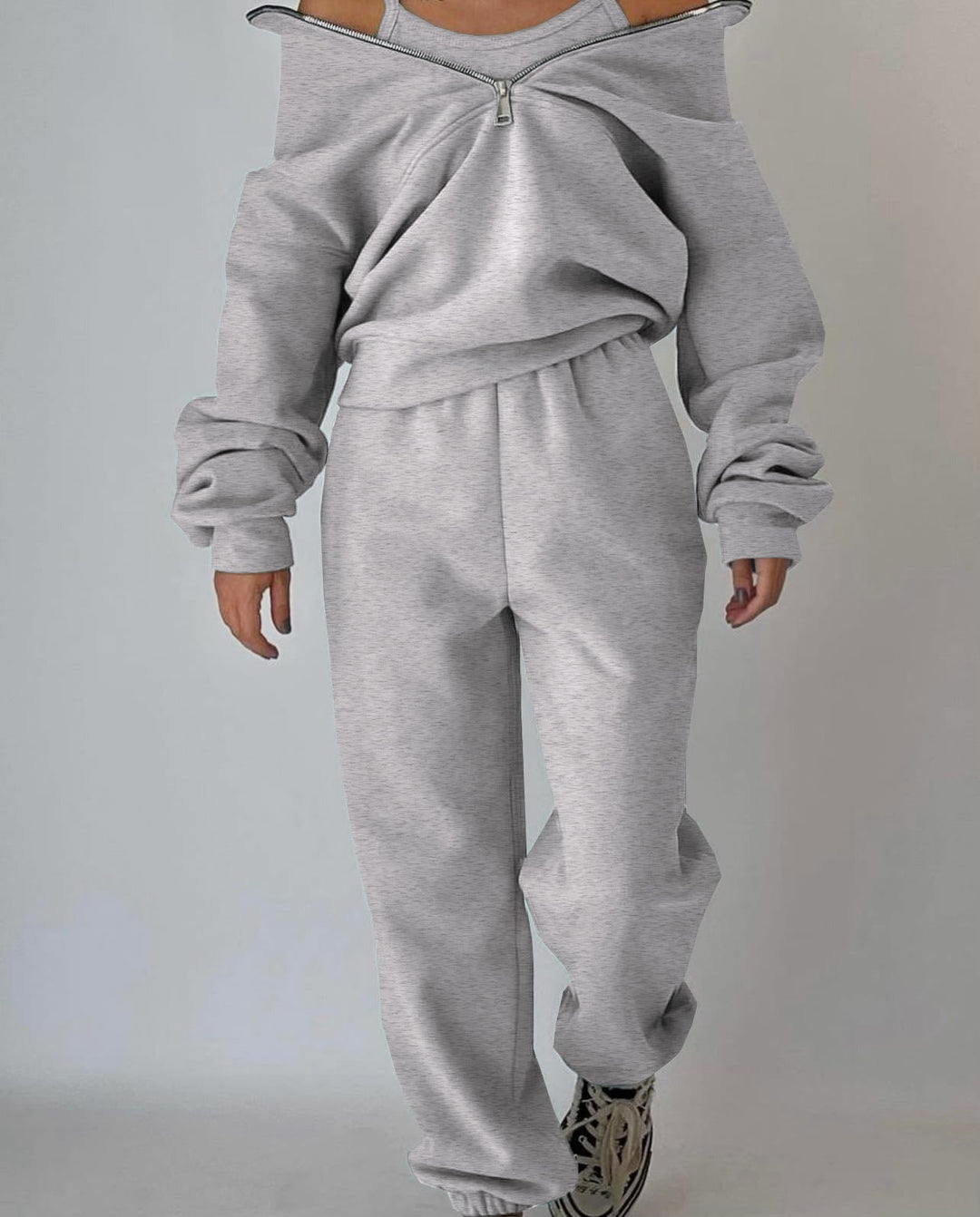Damen Lässiger Oversized-Hoodie und Jogginghose Set mit Praktischem Reißverschluss R&B