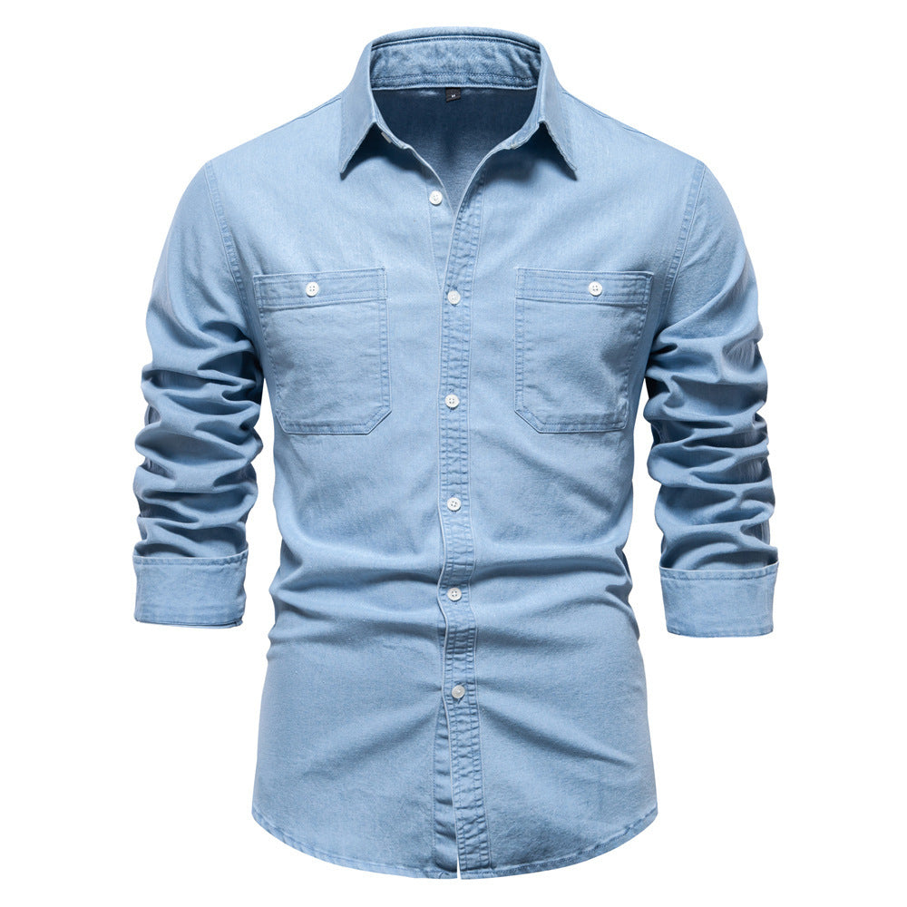 Herren nan schmal geschnittenes Denim-Hemd mit Kentkragen und aufgesetzten Brusttaschen R&B
