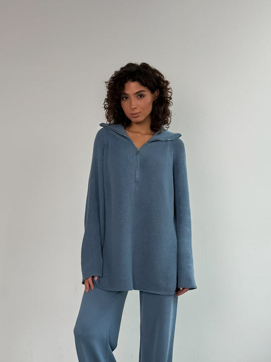 Damen lässiger Pullover mit halbem Reißverschluss und weitem Schnitt R&B