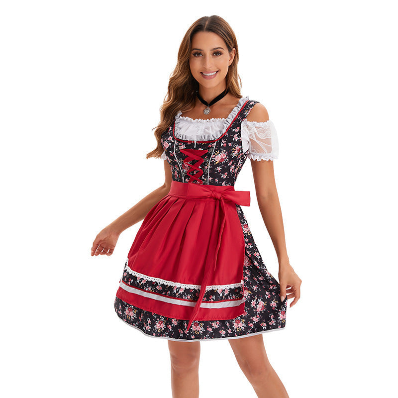 Damen nan kurzes traditionelles Dirndl mit floraler Musterung, Schnürung und Spitzenbluse R&B