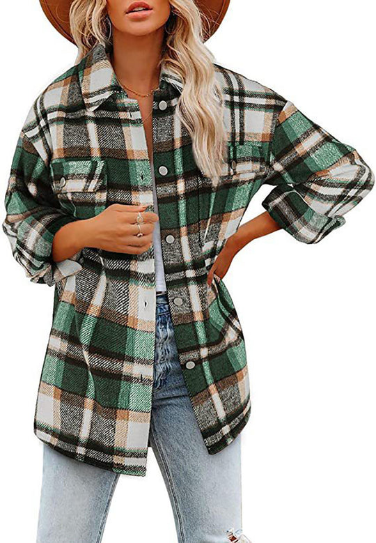 Damen Oversized Hemdjacke mit kariertem Muster und praktischen Taschen R&B
