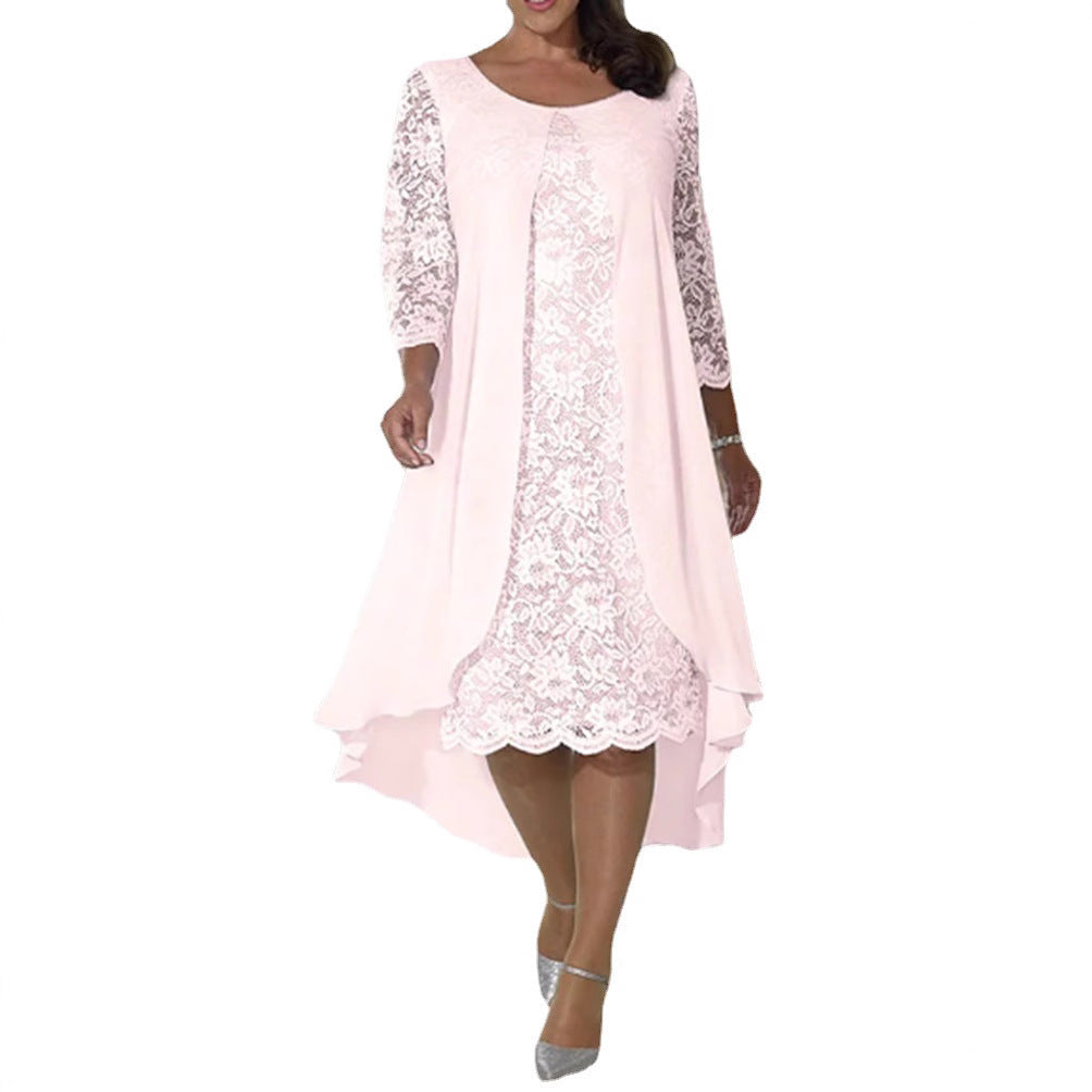 Damen nan elegantes Chiffon-Spitzenkleid mit Vokuhila-Überwurf und dreiviertelärmeln R&B