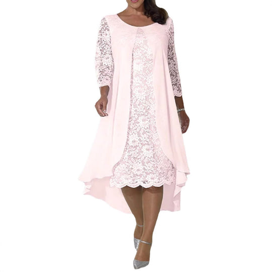 Damen nan elegantes Chiffon-Spitzenkleid mit Vokuhila-Überwurf und dreiviertelärmeln R&B