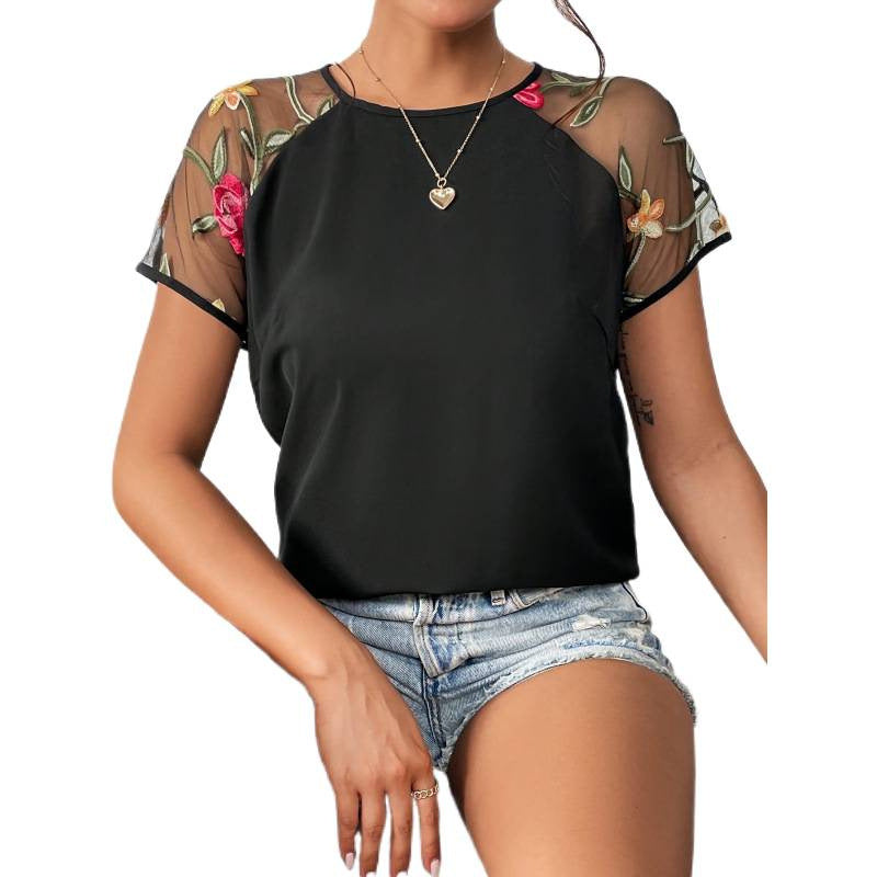 Damen Bluse mit transparenten Spitzenärmeln und floralen Details R&B