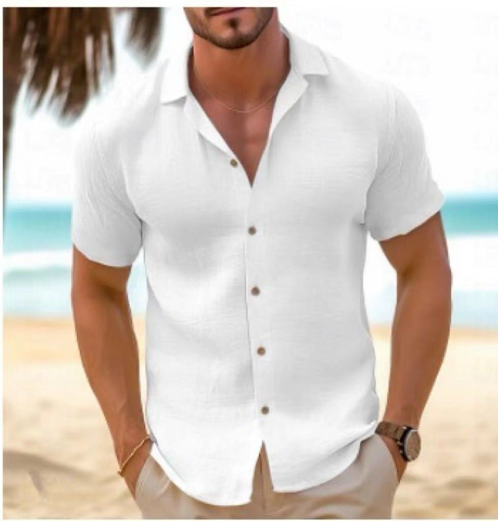 Herren Kurzarm Leinenhemd mit modernem Kragen und Knopfleiste R&B