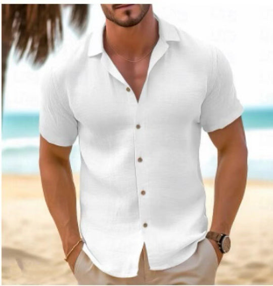 Herren Kurzarm Leinenhemd mit modernem Kragen und Knopfleiste R&B