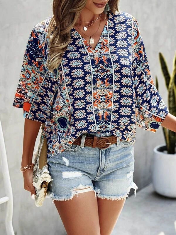 Damen Tunika mit floralem Muster und seitlichen Schlitzen R&B