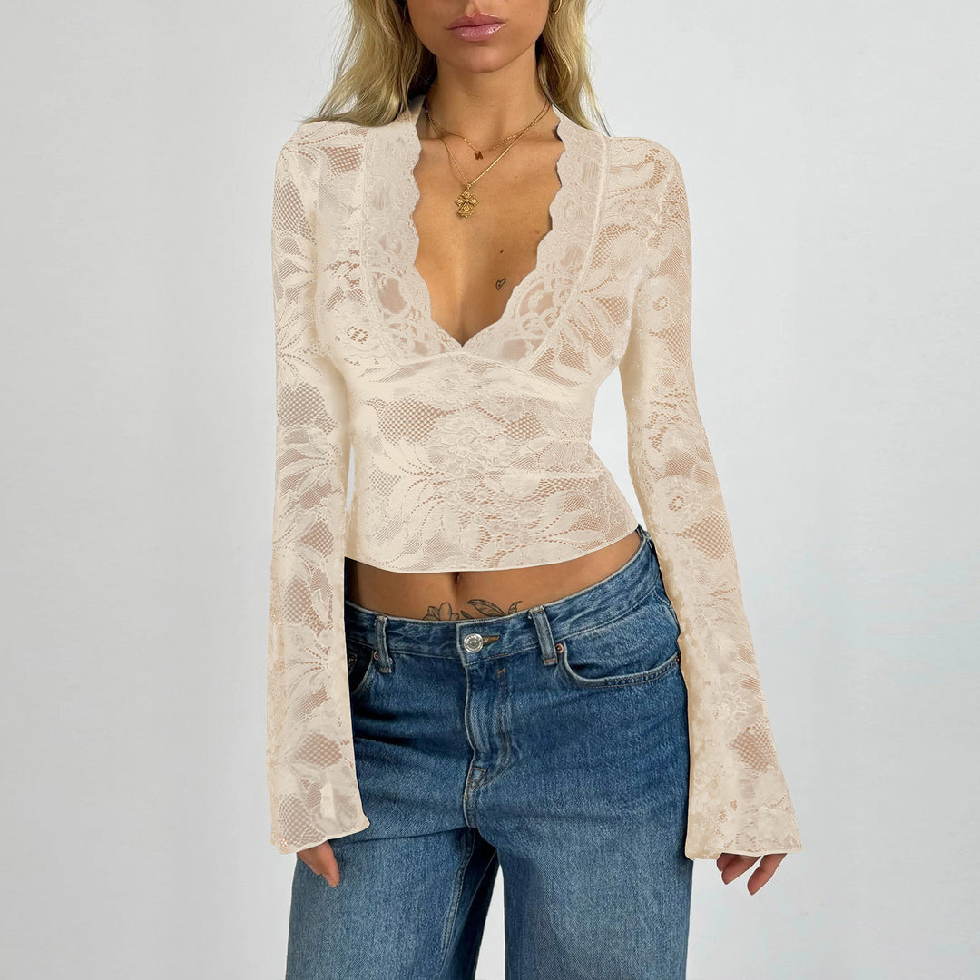Damen Wickeloberteil mit Spitze und weitem Ärmel R&B
