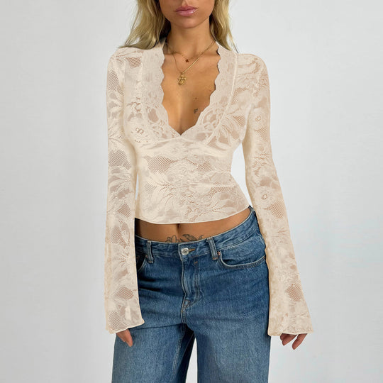 Damen Wickeloberteil mit Spitze und weitem Ärmel R&B
