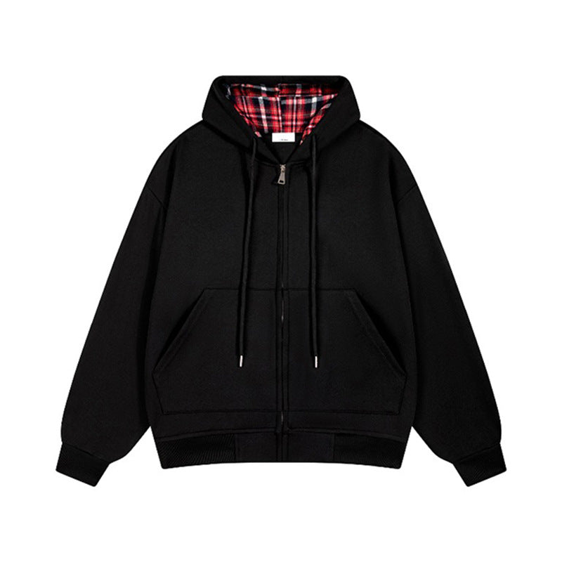 Damen lässige Kapuzenjacke mit Karo-Innenfutter und durchgehendem Reißverschluss R&B