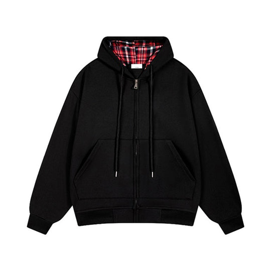 Damen lässige Kapuzenjacke mit Karo-Innenfutter und durchgehendem Reißverschluss R&B