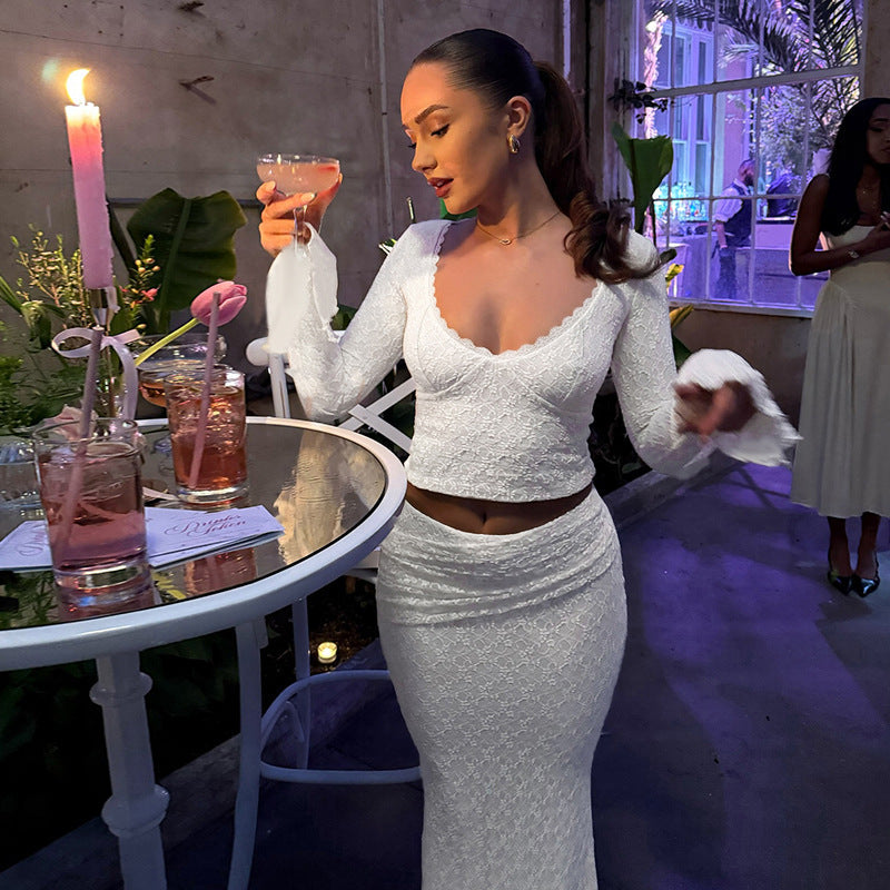 Damen Elegantes Spitzenkleid mit voluminösen Ärmeln und tiefem V-Ausschnitt EB