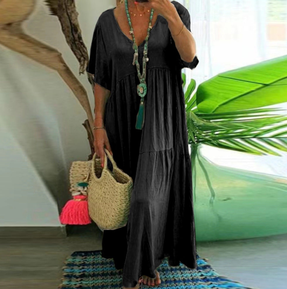 Damen luftiges Boho-Maxikleid mit schwingendem Saum und tiefem V-Ausschnitt R&B