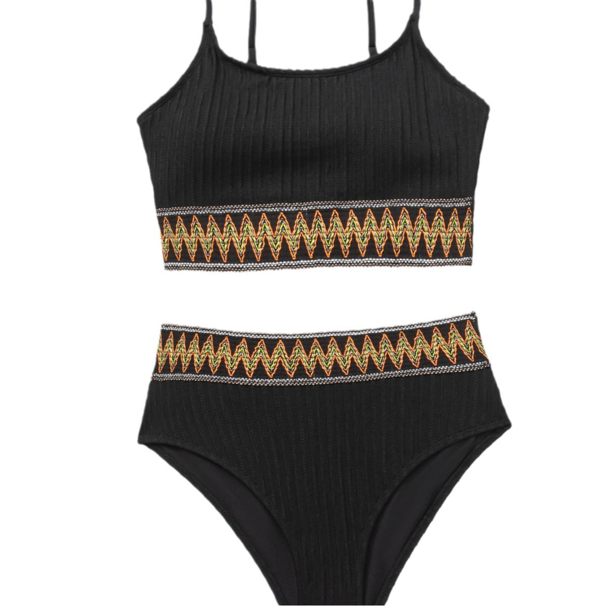 Damen Bikini-Set mit figurbetonendem Rippenmuster und buntem Elastikbund R&B
