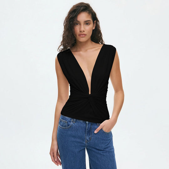 Damen elegantes Wickeloberteil mit tiefem V-Ausschnitt und raffinierter Drapierung R&B